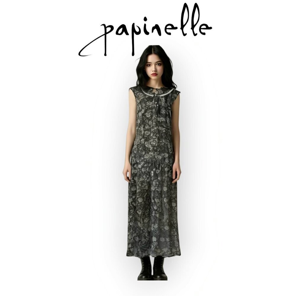 Papinelle Silk Cotton Whimsigoth Maxi Dress Black Grey Y2K Fairycore XS